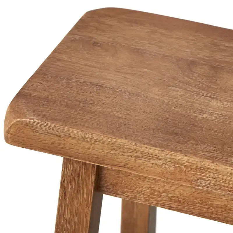Tabouret de bar rustique sans dossier en hévéa, hauteur comptoir, avec assise en forme de selle