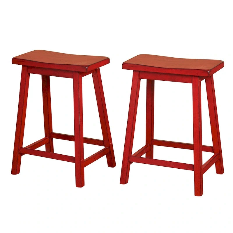 Tabouret de bar rustique sans dossier en hévéa, hauteur comptoir, avec assise en forme de selle
