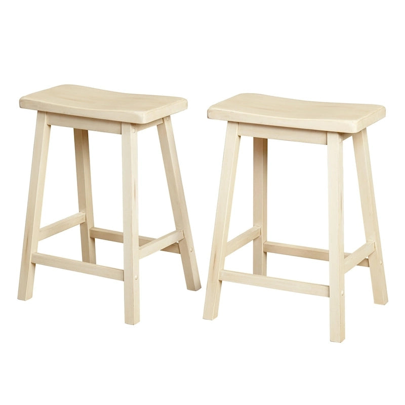 Tabouret de bar rustique sans dossier en hévéa, hauteur comptoir, avec assise en forme de selle