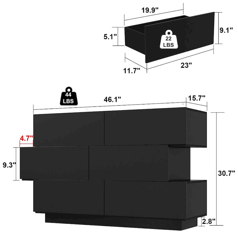 Commode haute brillance à 6 tiroirs avec rangement coulissant lisse, en noir ou blanc