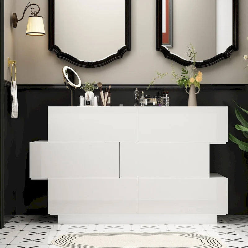 Commode haute brillance à 6 tiroirs avec rangement coulissant lisse, en noir ou blanc