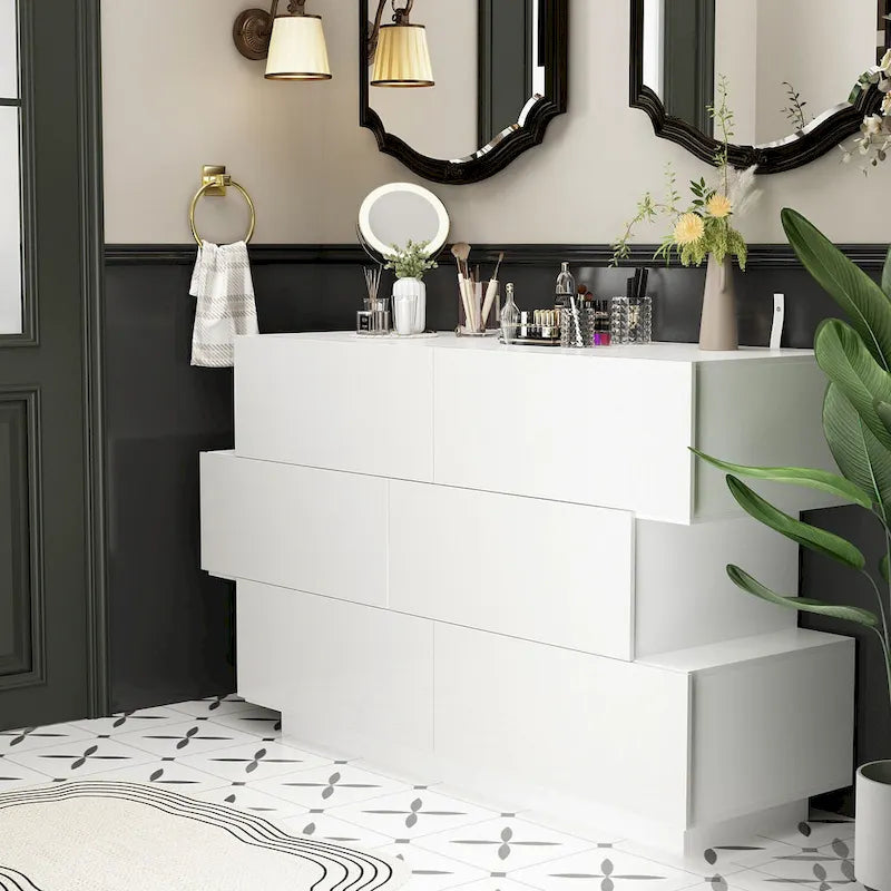 Commode haute brillance à 6 tiroirs avec rangement coulissant lisse, en noir ou blanc