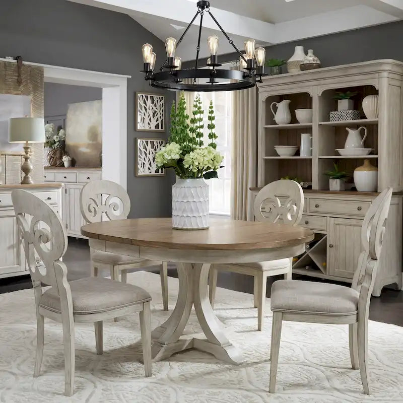 Table à manger ovale sur pied blanc antique avec plateau effet châtaignier vieilli
