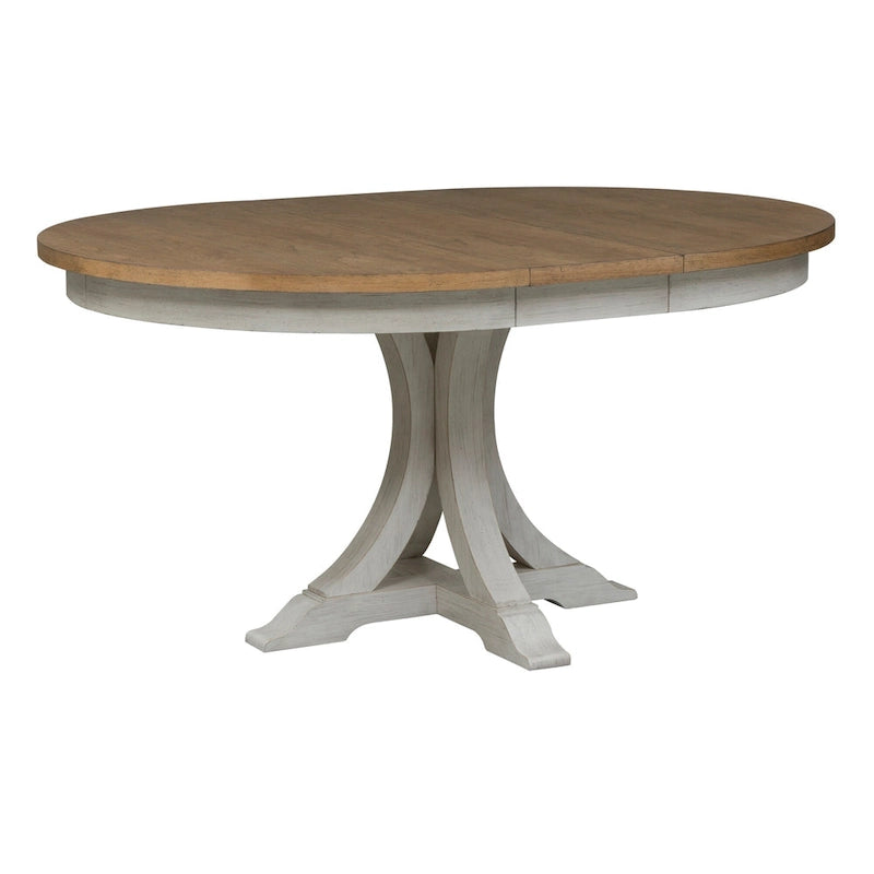 Table à manger ovale sur pied blanc antique avec plateau effet châtaignier vieilli
