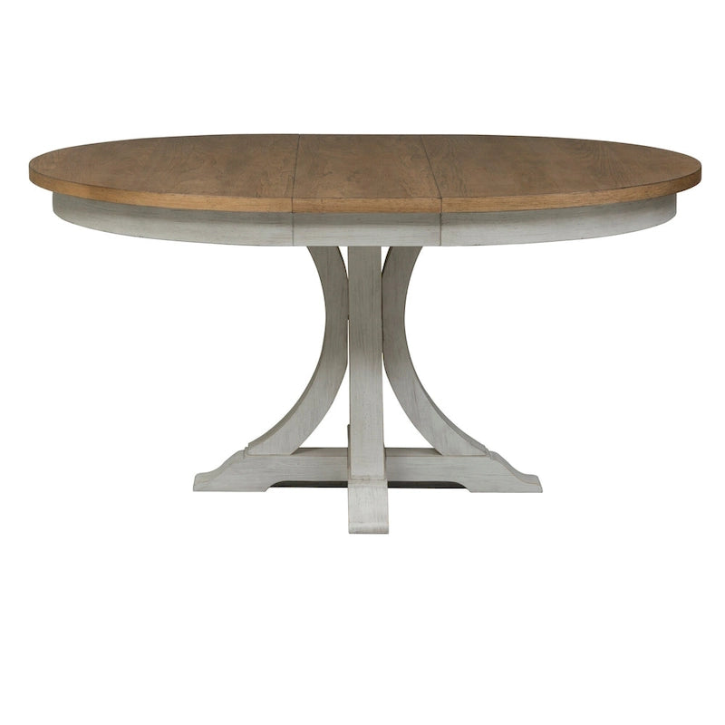 Table à manger ovale sur pied blanc antique avec plateau effet châtaignier vieilli