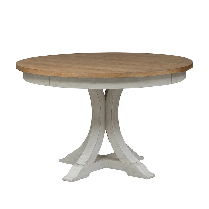Table à manger ovale sur pied blanc antique avec plateau effet châtaignier vieilli