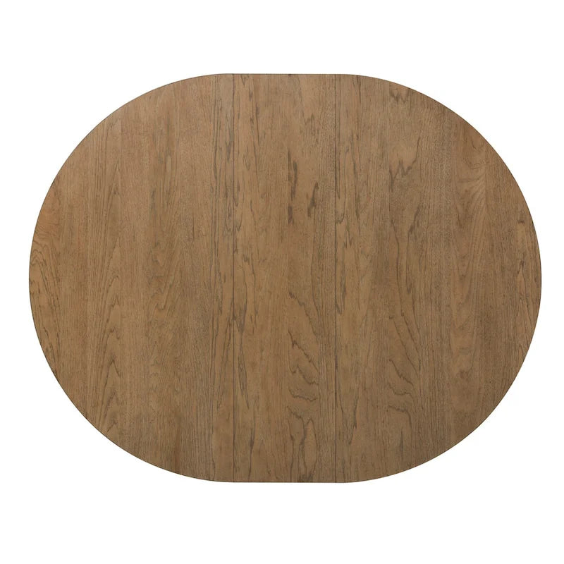 Table à manger ovale sur pied blanc antique avec plateau effet châtaignier vieilli