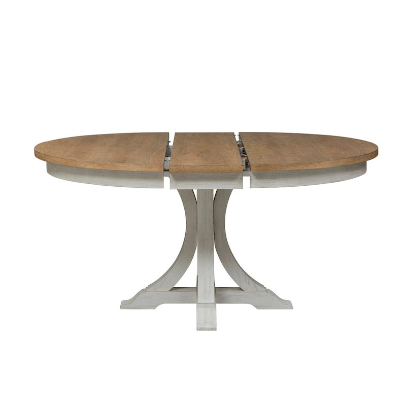 Table à manger ovale sur pied blanc antique avec plateau effet châtaignier vieilli
