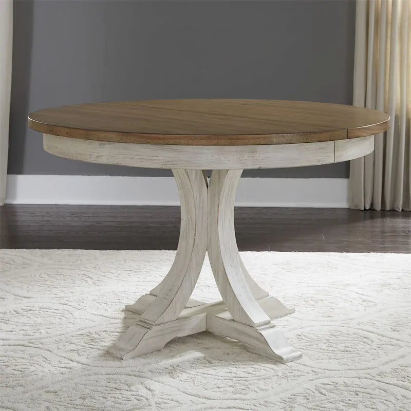 Table à manger ovale sur pied blanc antique avec plateau effet châtaignier vieilli