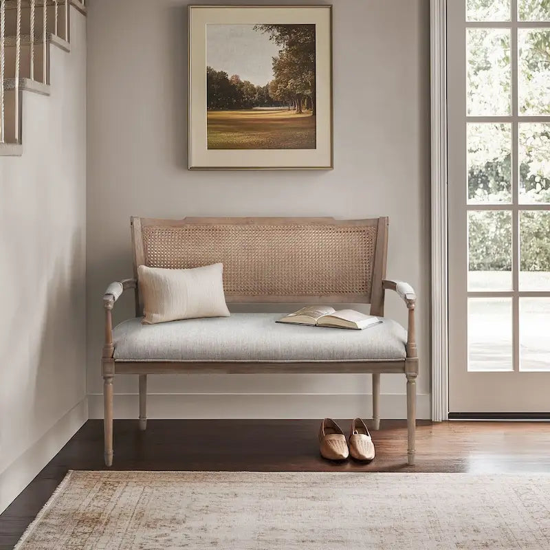 Causeuse en rotin et bois naturel recyclé beige avec dossier rembourré