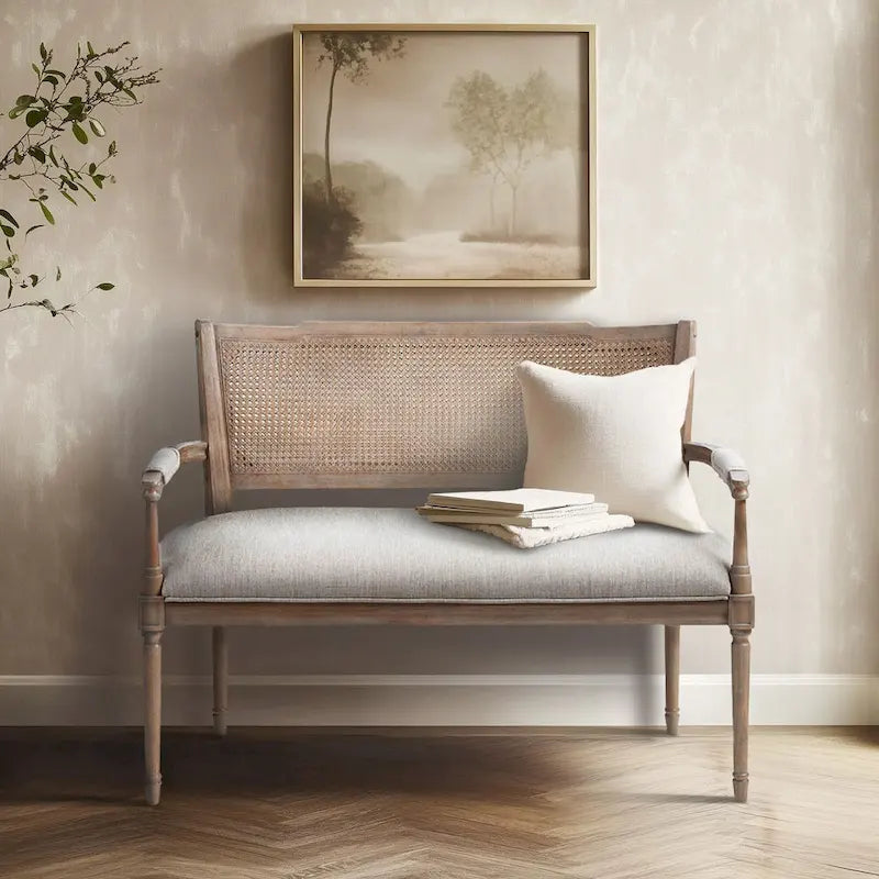 Causeuse en rotin et bois naturel recyclé beige avec dossier rembourré