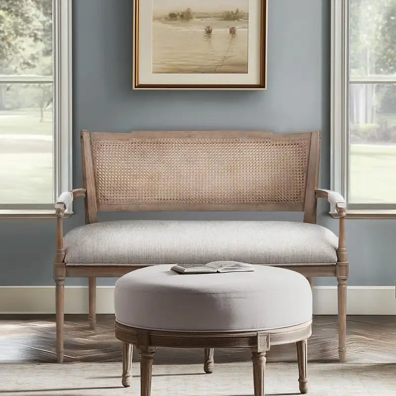 Causeuse en rotin et bois naturel recyclé beige avec dossier rembourré