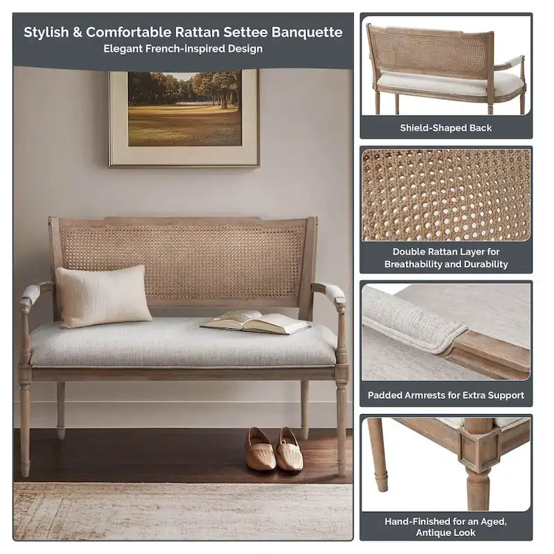 Causeuse en rotin et bois naturel recyclé beige avec dossier rembourré