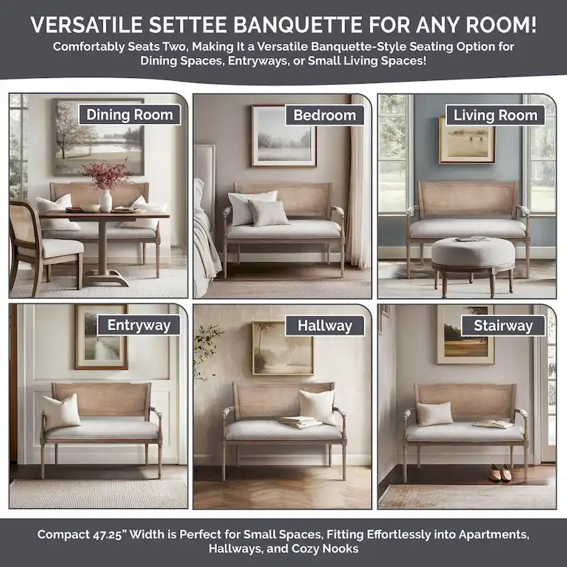 Causeuse en rotin et bois naturel recyclé beige avec dossier rembourré