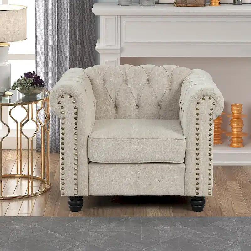 Fauteuil d'appoint Chesterfield capitonné avec garniture cloutée beige gris