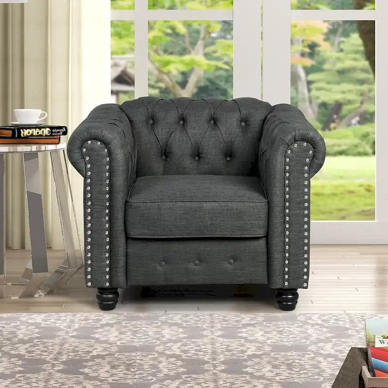 Fauteuil d'appoint Chesterfield capitonné avec garniture cloutée beige gris
