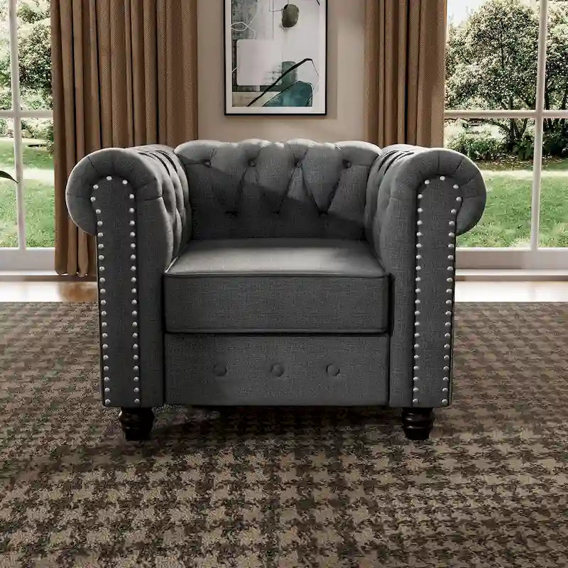 Fauteuil d'appoint Chesterfield capitonné avec garniture cloutée beige gris