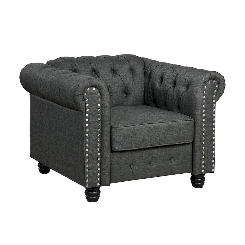 Fauteuil d'appoint Chesterfield capitonné avec garniture cloutée beige gris