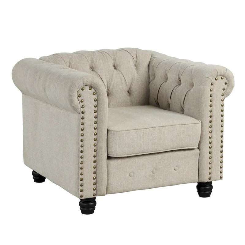 Fauteuil d'appoint Chesterfield capitonné avec garniture cloutée beige gris