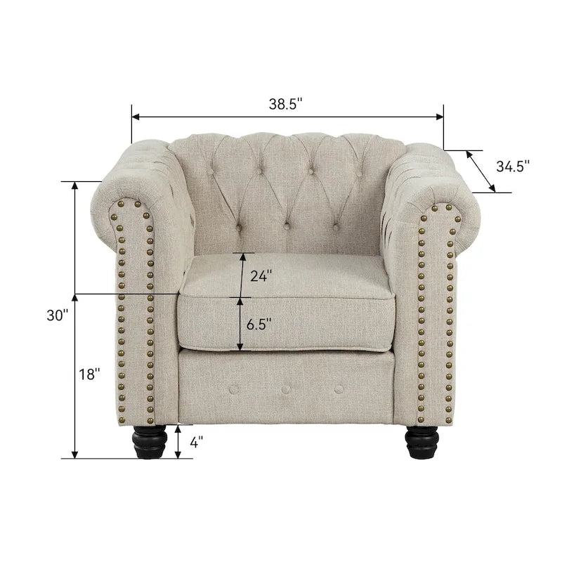 Fauteuil d'appoint Chesterfield capitonné avec garniture cloutée beige gris