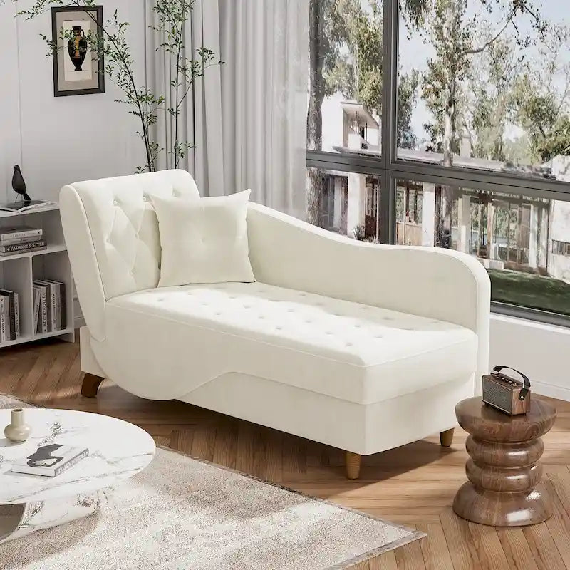 Chaise longue capitonnée en velours avec rangement et accoudoir réglable