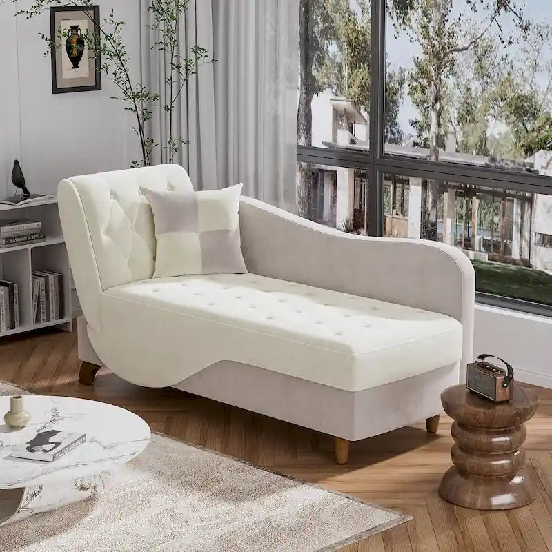 Chaise longue capitonnée en velours avec rangement et accoudoir réglable