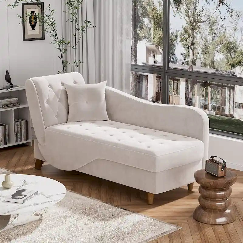 Chaise longue capitonnée en velours avec rangement et accoudoir réglable