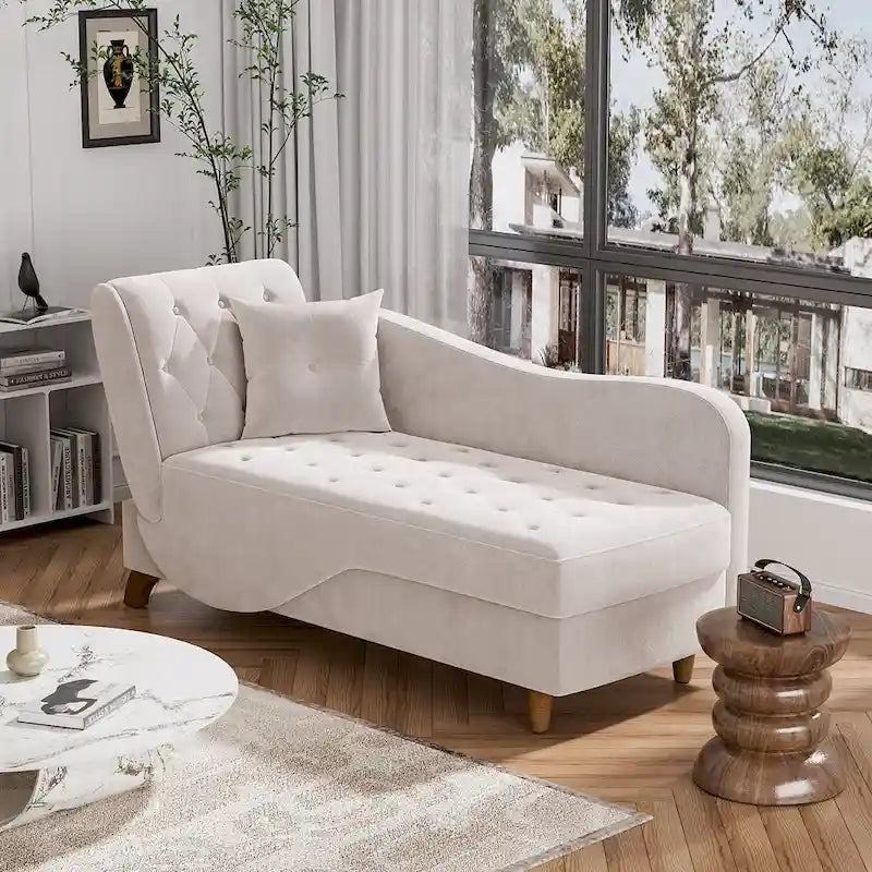 Chaise longue capitonnée en velours avec rangement et accoudoir réglable
