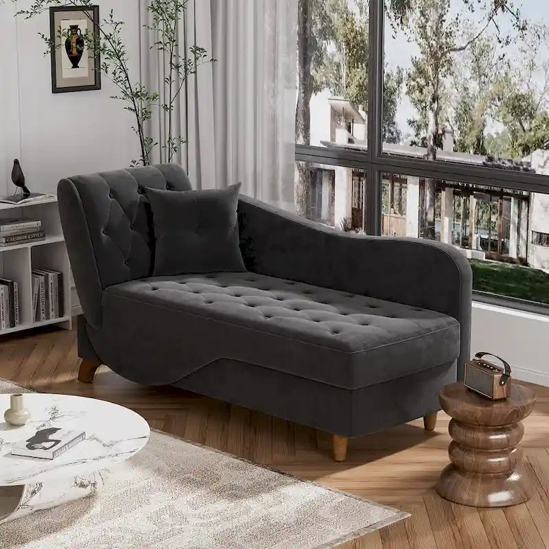 Chaise longue capitonnée en velours avec rangement et accoudoir réglable