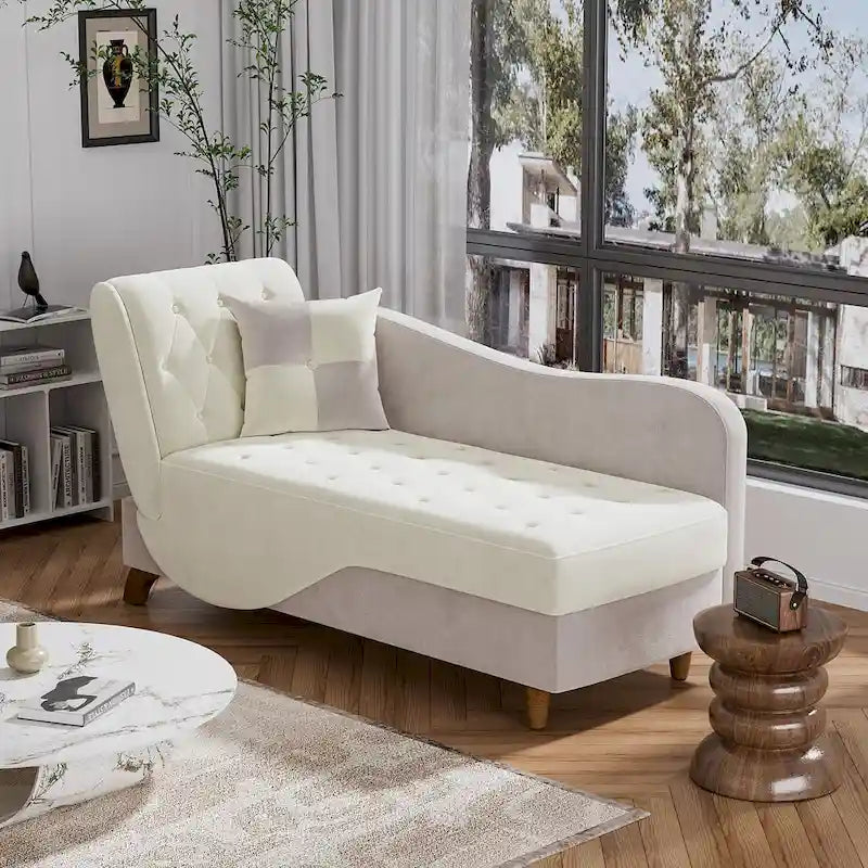 Chaise longue capitonnée en velours avec rangement et accoudoir réglable