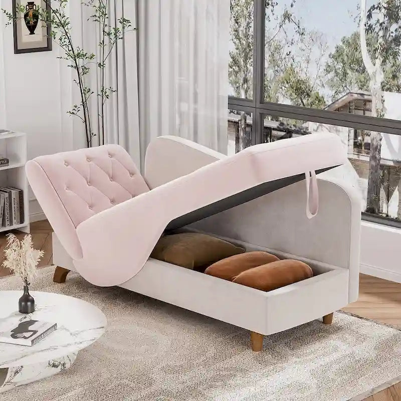 Chaise longue capitonnée en velours avec rangement et accoudoir réglable
