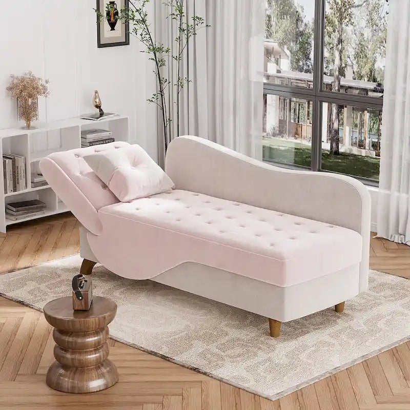 Chaise longue capitonnée en velours avec rangement et accoudoir réglable
