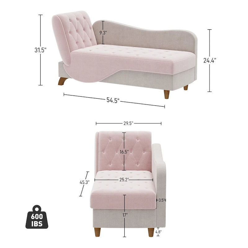 Chaise longue capitonnée en velours avec rangement et accoudoir réglable