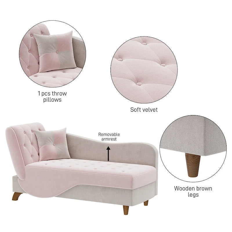 Chaise longue capitonnée en velours avec rangement et accoudoir réglable