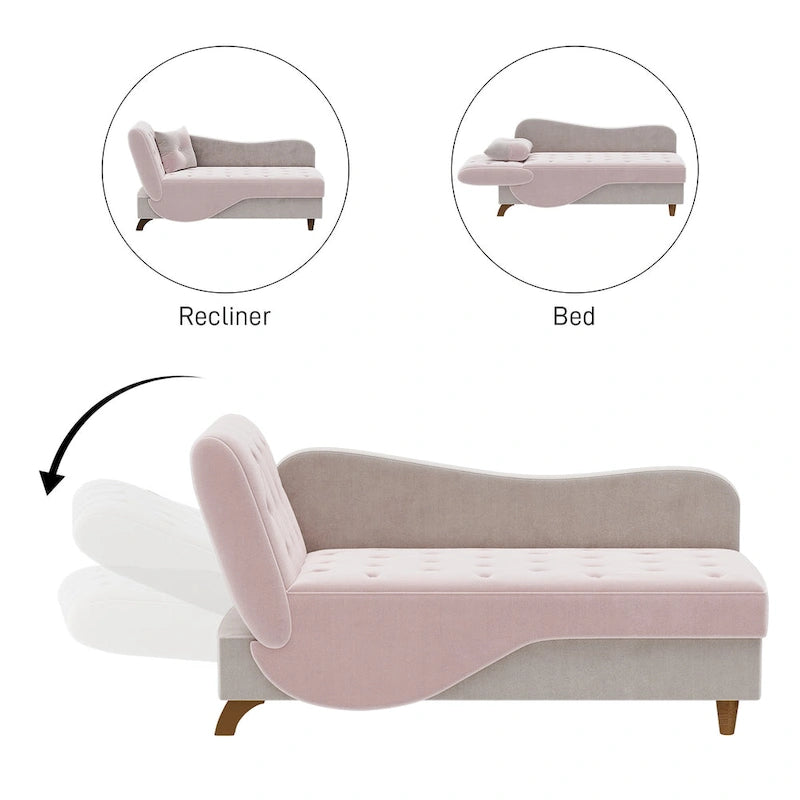 Chaise longue capitonnée en velours avec rangement et accoudoir réglable