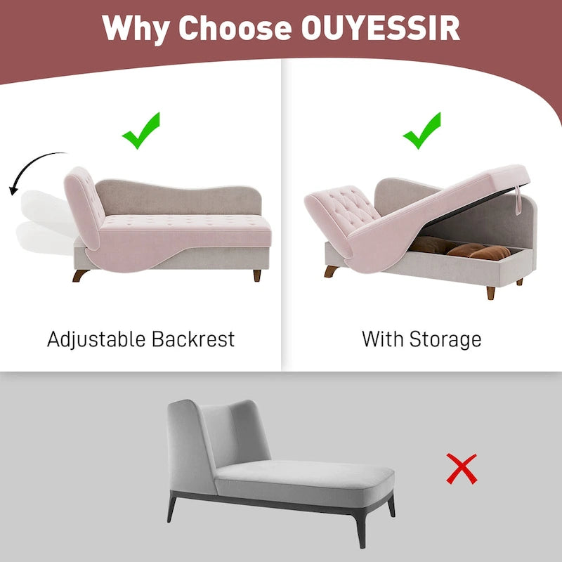 Chaise longue capitonnée en velours avec rangement et accoudoir réglable
