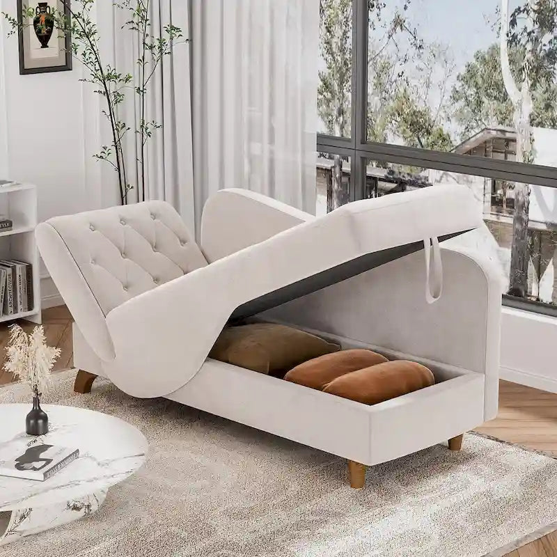 Chaise longue capitonnée en velours avec rangement et accoudoir réglable