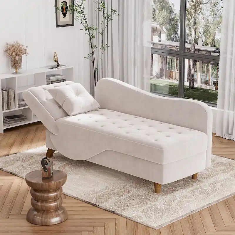 Chaise longue capitonnée en velours avec rangement et accoudoir réglable
