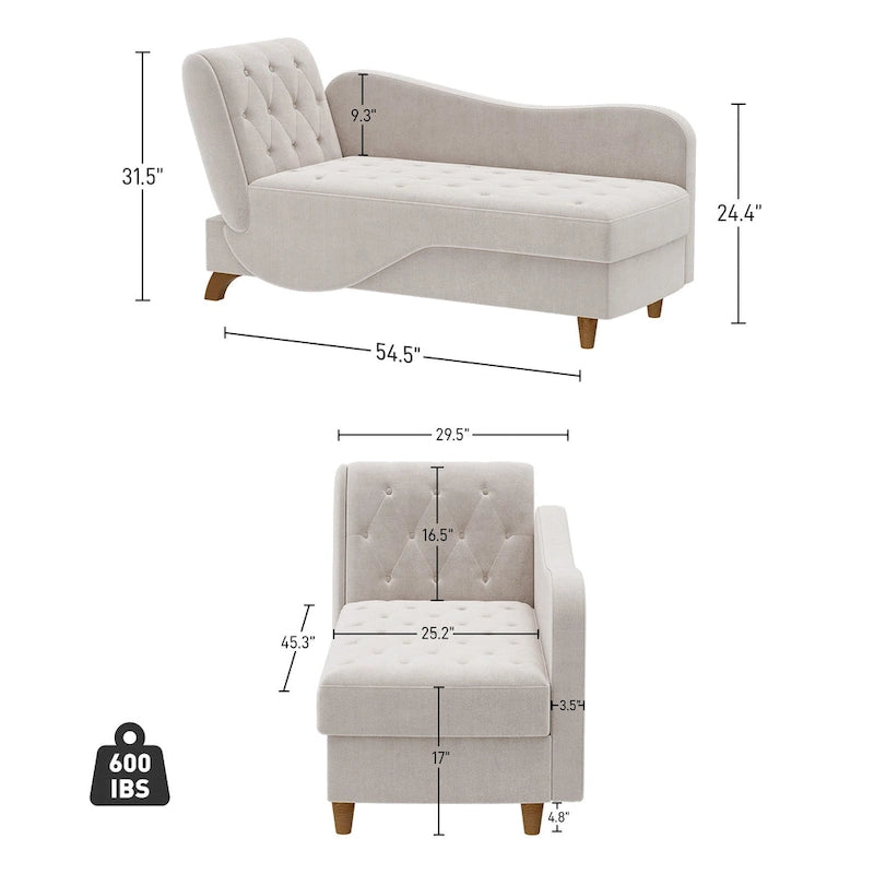 Chaise longue capitonnée en velours avec rangement et accoudoir réglable