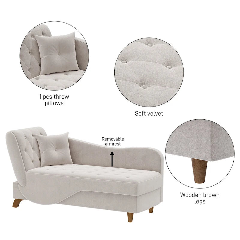 Chaise longue capitonnée en velours avec rangement et accoudoir réglable