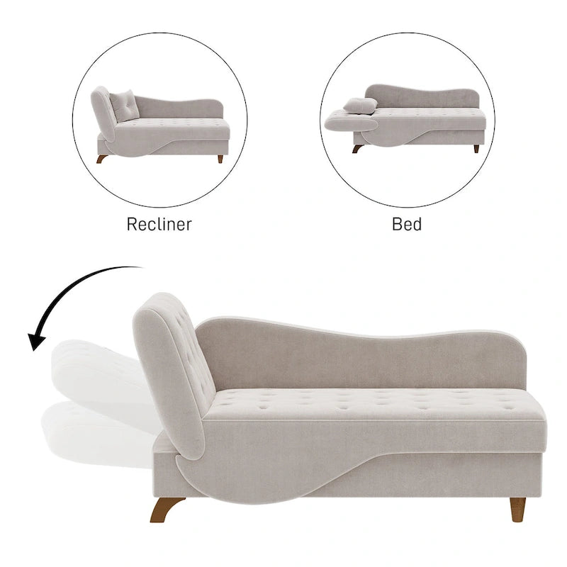 Chaise longue capitonnée en velours avec rangement et accoudoir réglable