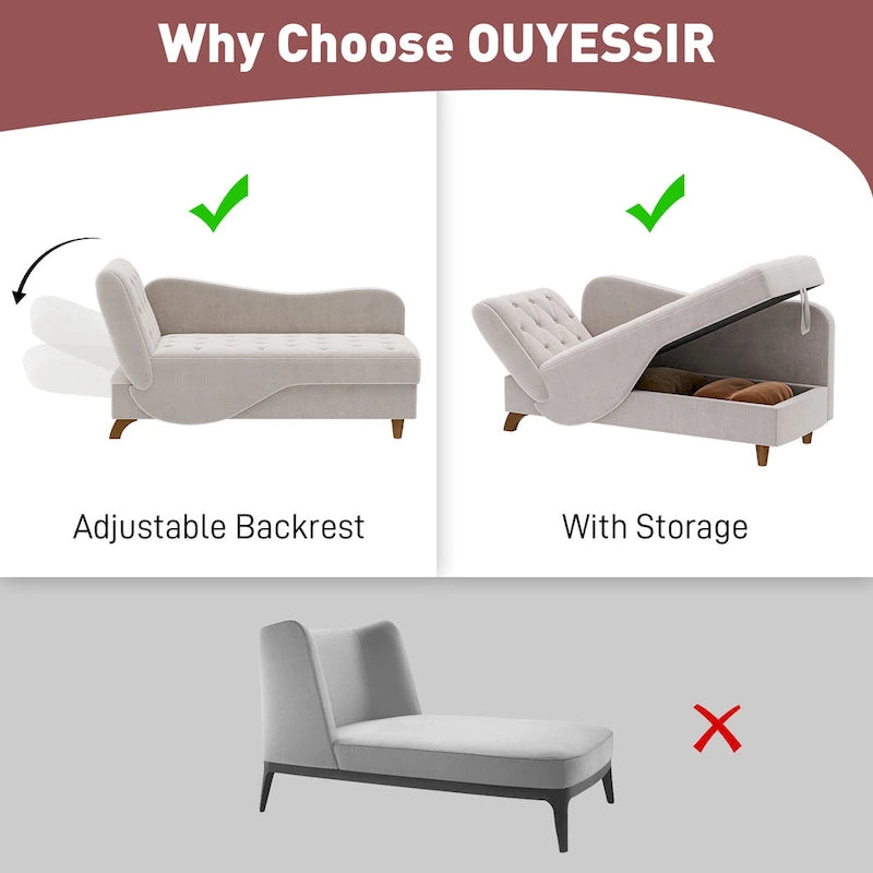 Chaise longue capitonnée en velours avec rangement et accoudoir réglable