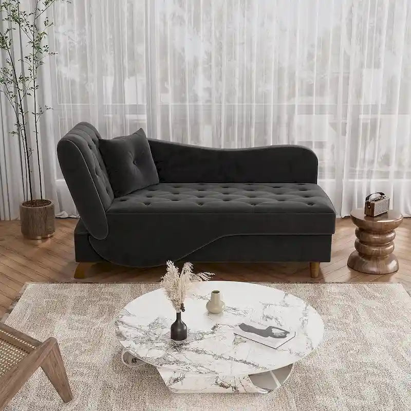 Chaise longue capitonnée en velours avec rangement et accoudoir réglable