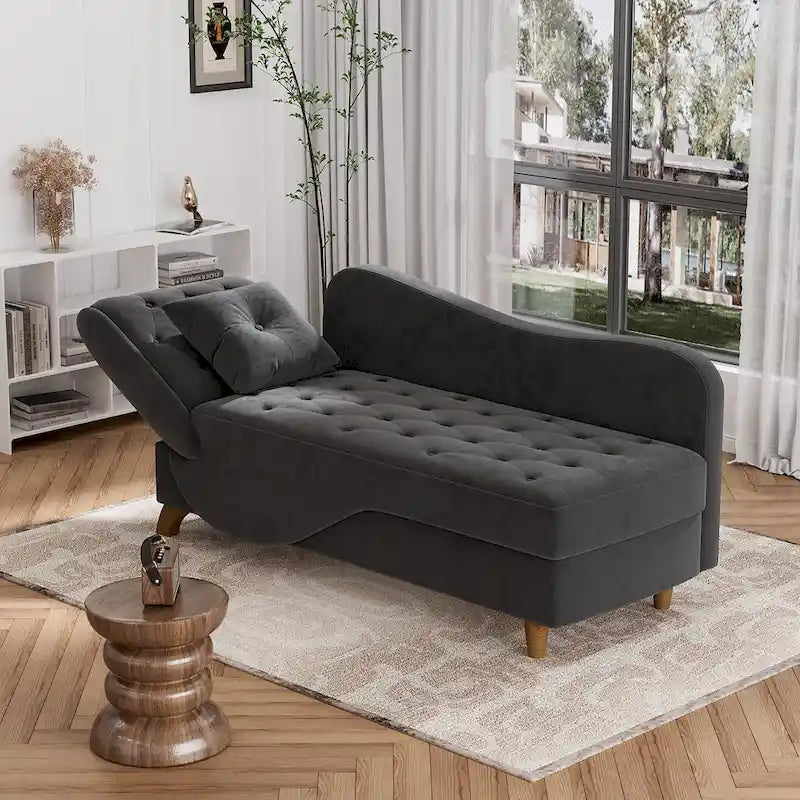 Chaise longue capitonnée en velours avec rangement et accoudoir réglable