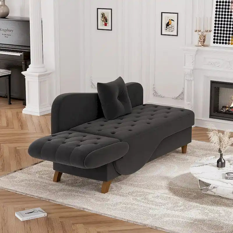 Chaise longue capitonnée en velours avec rangement et accoudoir réglable