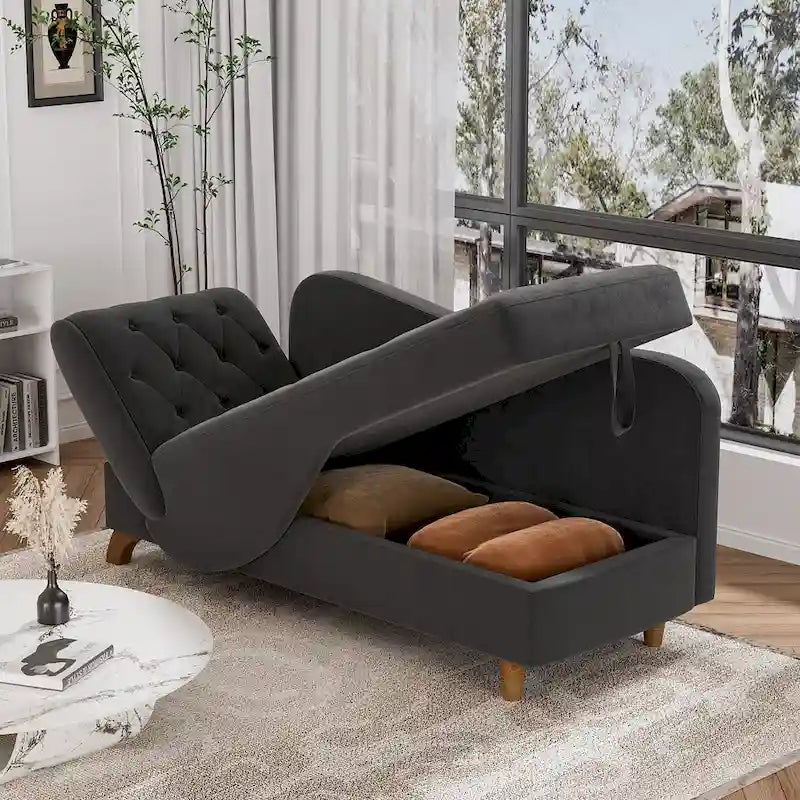 Chaise longue capitonnée en velours avec rangement et accoudoir réglable