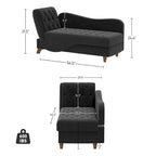 Chaise longue capitonnée en velours avec rangement et accoudoir réglable