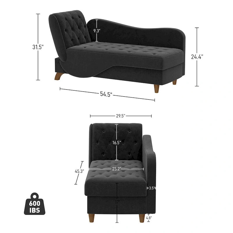 Chaise longue capitonnée en velours avec rangement et accoudoir réglable
