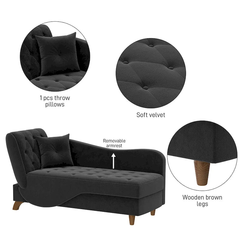 Chaise longue capitonnée en velours avec rangement et accoudoir réglable