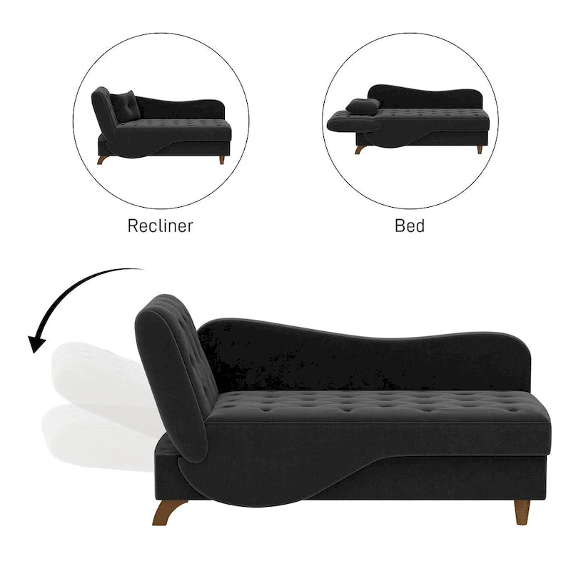 Chaise longue capitonnée en velours avec rangement et accoudoir réglable